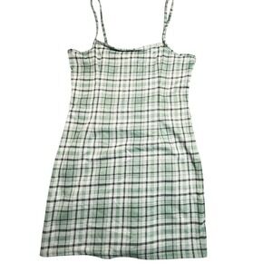 90s‎ Womens Green Plaid Bodycon Dress Spaghetti Strap Mini Large ST031522